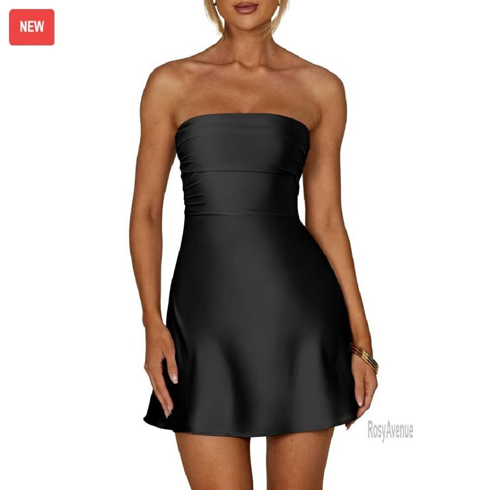 Strapless Ruched Satin Mini Dress Wedding Guest Cocktail Party